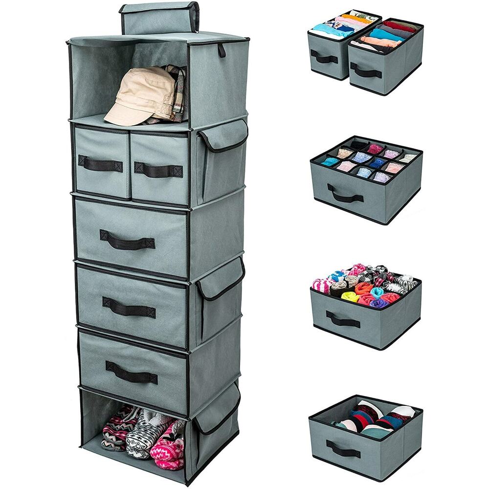 6-Shelf Hanging Closet Organizer Grey Fabric Storage Clothes Organizer Open Box